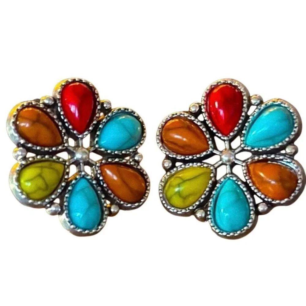 Oversized Faux Turquoise Desert Flower Cluster Stud Earrings - Grande
